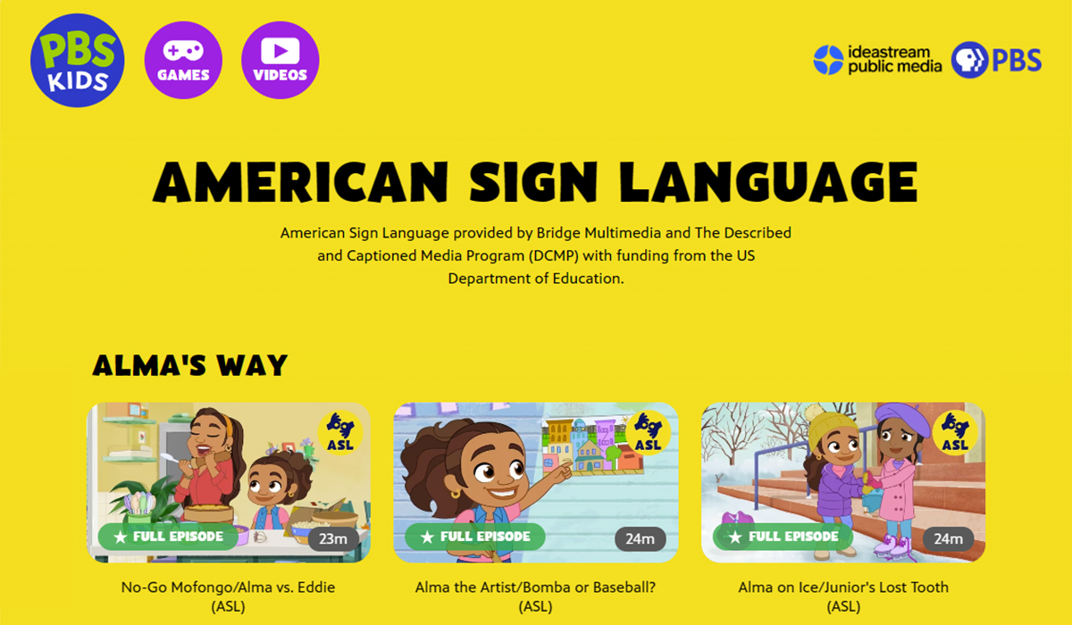 Screen shot of the PBS Kids ASL Video page.