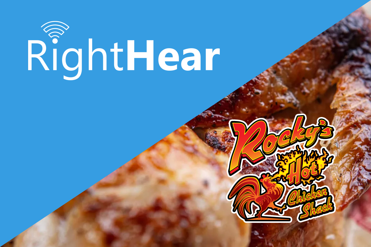 RightHear logo. Rocky's Hot Chicken Shack logo.