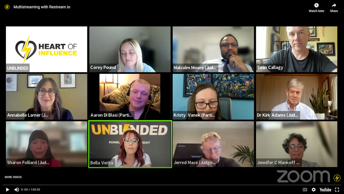 Screen shot from the June 13, 2024 Live Stream Show: Dr Kirk Adams & Unblinded Present the 'Heart of Influence' With Sean Callagy & Bella Verita - The Heart of Supplier Diversity | Hosts: Dr. Kirk Adams, Sean Callagy, Bella Verita. | Guests: Aaron Di Blasi, Annabelle Larner, Corey Pound, Jerred Mace, Jennifer C. Mankoff, Christy Vanek, Malcolm Moore, Sharon Folliard