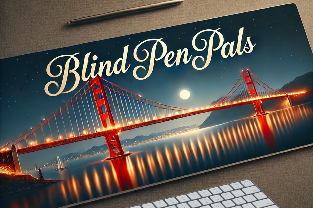 An image depicts a stylized depiction of a desk setup featuring a large, glossy flat panel tablet with the words "Blind Pen Pals" written in elegant script across the top. The tablet showcases a nighttime view of the Golden Gate Bridge, illuminated with bright lights that reflect off the water below. The full moon hangs in the sky, casting a serene glow over the scene. The bridge is vivid in red, creating a striking contrast against the dark blue sky and water. A pen lies above the tablet on the desk, and a white keyboard is partially visible at the bottom of the image, suggesting a workspace.