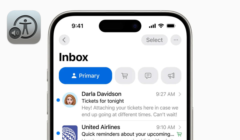 The Apple VoiceOver logo sits next to a screen shot of Apple Mail on iOS.