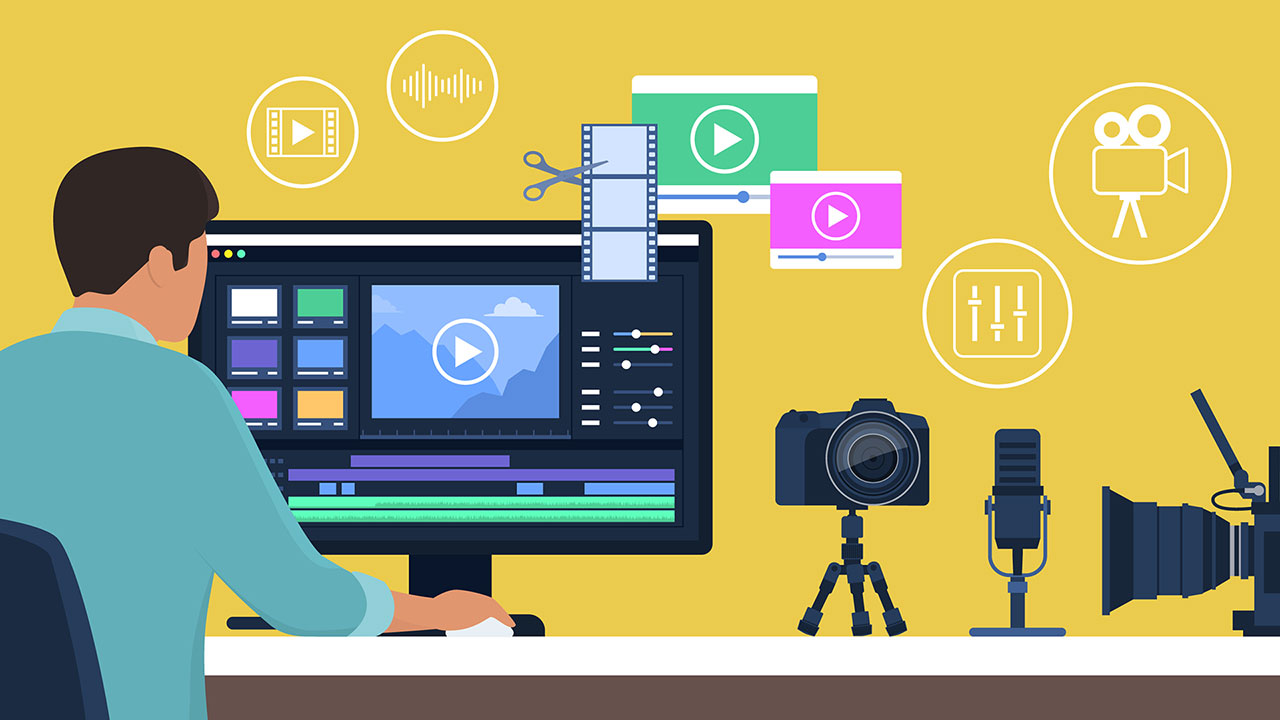 A digital illustration showing a person sitting at a desk and working on a video editing project on a computer screen. The screen displays a video editing timeline with various tracks, colorful thumbnails, and adjustment sliders. Surrounding the workspace are filmmaking and audio equipment, including a camera on a tripod, a microphone, and a studio camera with a large lens. The background is yellow with icons representing multimedia elements, such as a filmstrip, a soundwave, a camera, and video players, floating around to symbolize video production and editing.