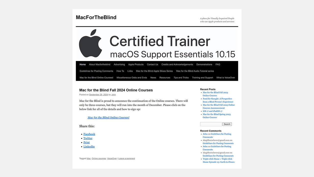 A screen shot of the MacForTheBlind.com website from November 24, 2024.