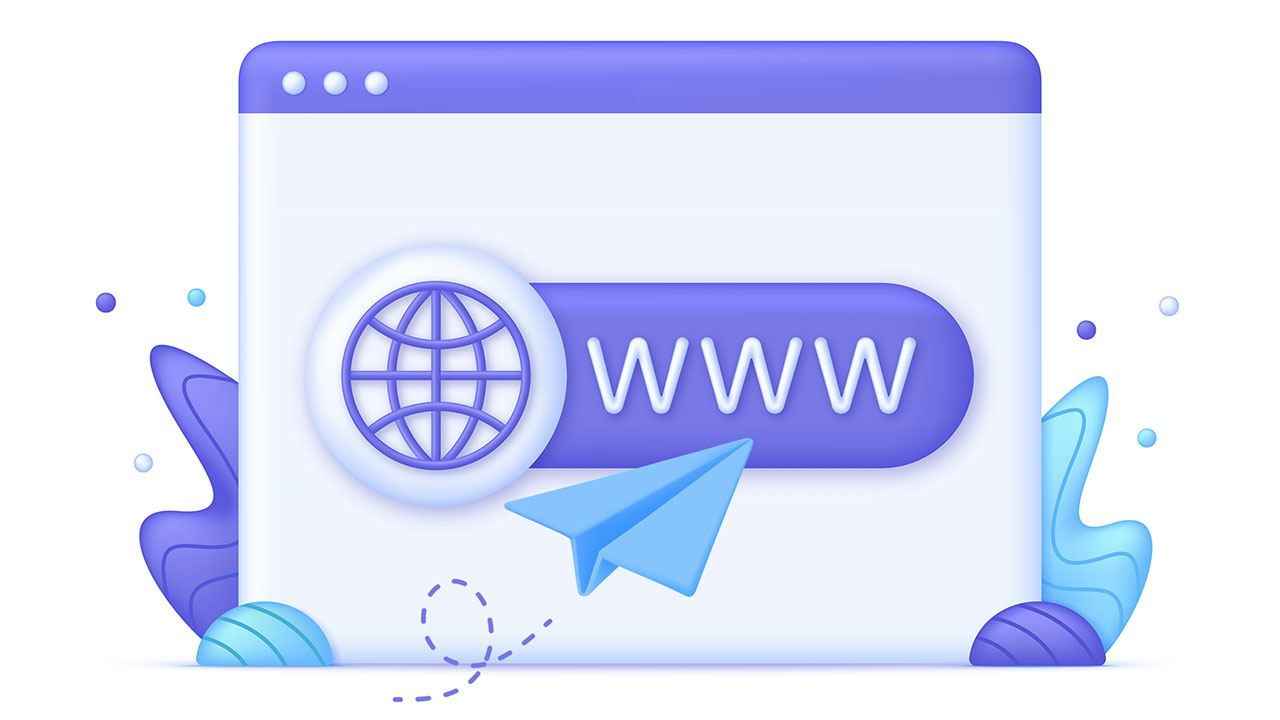 A 3D-rendered digital illustration of a web browser window with a search bar displaying 'WWW' in bold, glowing text. A globe icon is positioned on the left side of the search bar, symbolizing the internet. A blue paper airplane with a dashed flight path is flying in, representing a new email arriving in the web browser. The background has abstract blue and purple shapes and floating dots, giving the image a modern, futuristic look.