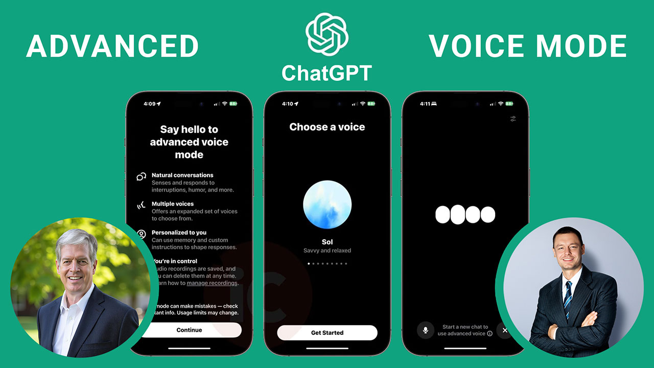 Promotional image for a ChatGPT Advanced Voice Mode workshop featuring a green background with the ChatGPT logo centered at the top, flanked by the words 'ADVANCED' on the left and 'VOICE MODE' on the right. Below, three smartphone screens display features of the advanced voice mode: the first screen introduces AVM with points about natural conversations, multiple voices, and personalization; the second shows a voice selection screen with the voice 'Sol'; the third displays an AVM loading screen. At the bottom corners are circular headshots: on the left, Dr. Kirk Adams in a dark blazer outdoors, and on the right, Aaron Di Blasi in a suit and tie against a gray backdrop.