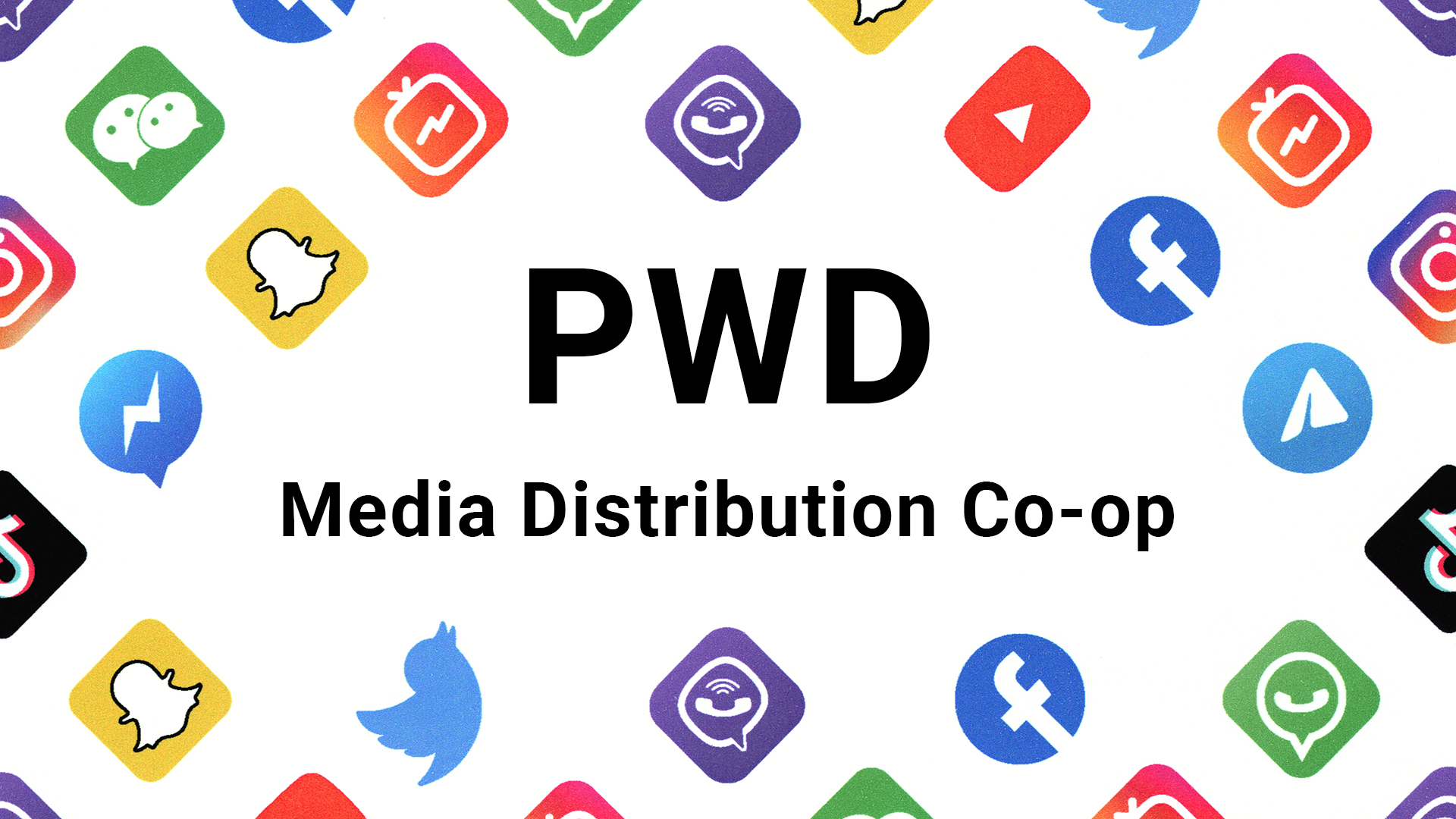 Centered on a white background, the image features bold black text reading 'PWD' above smaller text that says 'Media Distribution Co-op'. Surrounding the text are colorful, diamond-shaped icons of various social media platforms, including recognizable logos such as Facebook, Twitter, Instagram, TikTok, Snapchat, and Messenger, arranged in a scattered pattern. The image conveys a theme of media connectivity and distribution across multiple digital platforms.